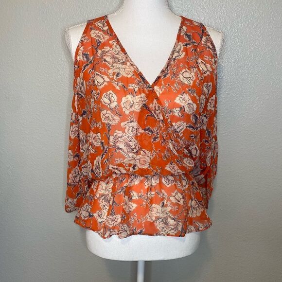 Soprano Orange/Red Floral Cold Shoulder Blouse Size S - Picture 2 of 4